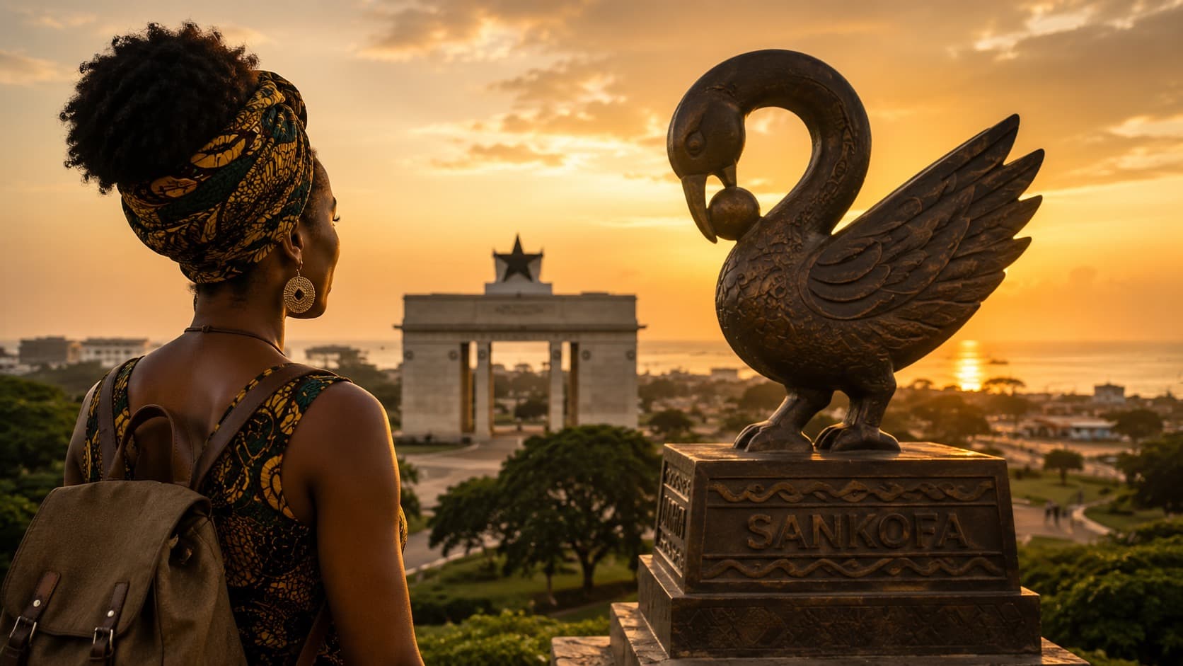 Diaspora visitor contemplating the Sankofa monument and Independence Arch in Accra at sunset
